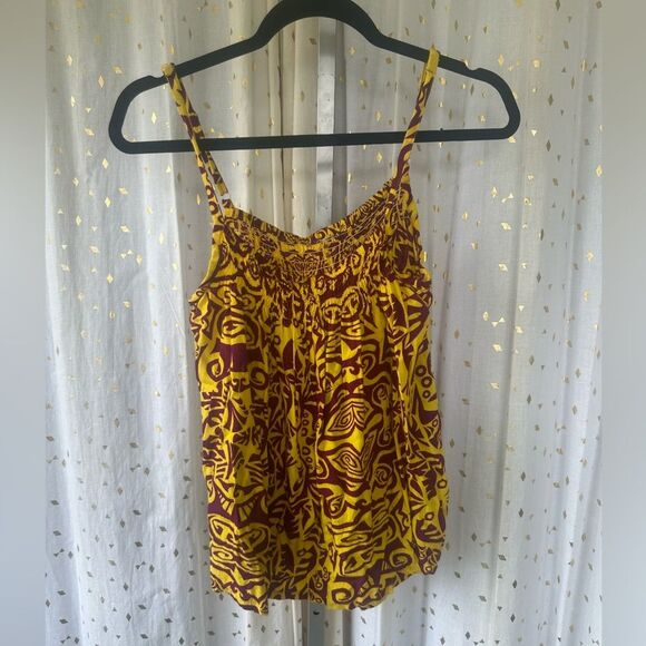 Hula Bay Hawaiian Aloha Monstera Tribal Smocked Spaghetti Strap Cami Top S - Picture 2 of 3